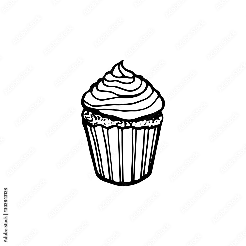 Vector cupcake illustration. hand drawn Christmas. outline isolated. Winter elements for greeting cards, stickers, banners, and seasonal design.