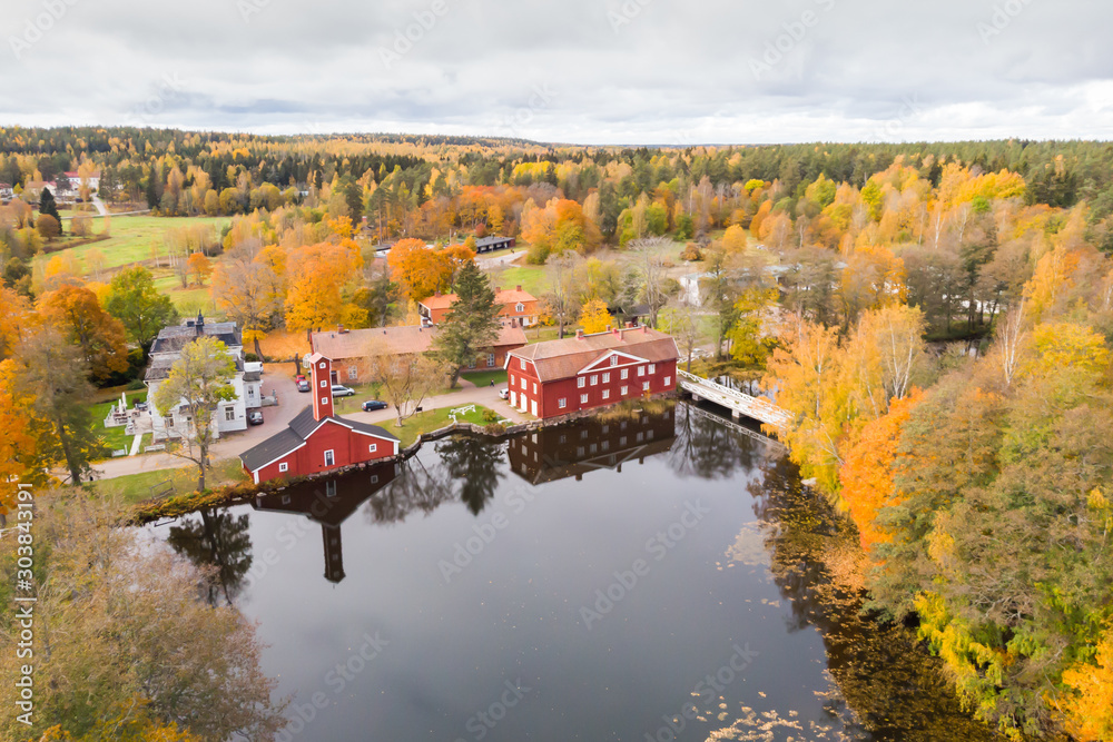 Aerial view of old village Ruotsinpyhtaa at autumn, Finland.