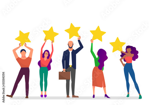 Customer feedback concept art, many people hold yellow rating stars. White background. Flat style stock vector illustration.