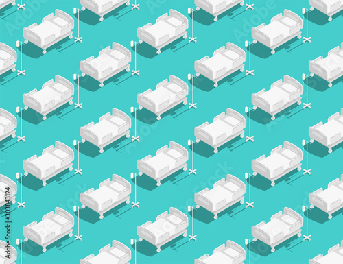 Hospital or medical Bed 3d isometric seamless pattern, Healthcare concept design illustration isolated on green background with copy space, vector eps 10