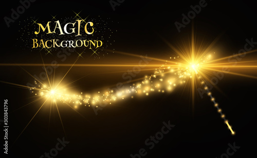 Realistic magic wand with bright sparkles on a transparent background.