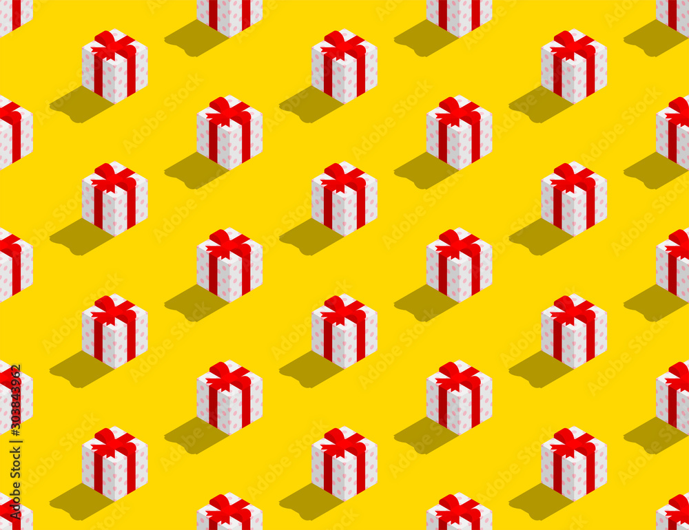 Gift box with bow ribbon mark 3D isometric seamless pattern, Christmas and Happy new year concept poster and banner design illustration on yellow background, vector eps 10 Gift box with bow ribbon mark 3D isometric seamless pattern, Christmas and Happy new year concept poster and banner design illustration on yellow background, vector eps 10