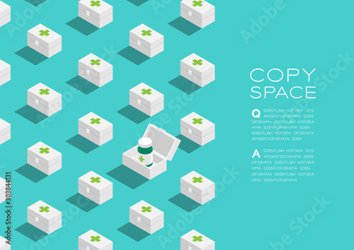 First aid kit box 3D isometric pattern, Rescue antibiotic concept poster and banner horizontal design illustration isolated on green background with copy space, vector eps 10