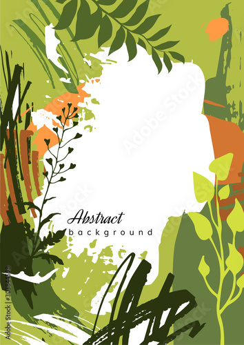 Abstract plant green background with leaves and herbs. Template for your design. Cover. Invitation. Plant frame design. Vector illustration.
