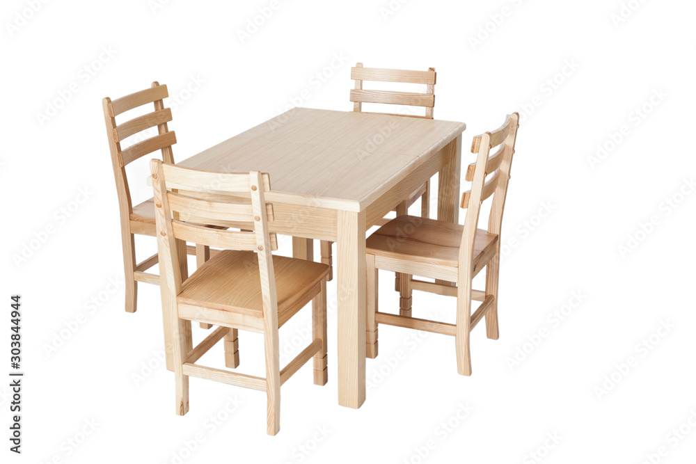 A set of kitchen furniture made of natural wood, a dining table and four chairs, isolated on the white background. A set of kitchen furniture made of natural wood, a dining table and four chairs, isolated on the white background.