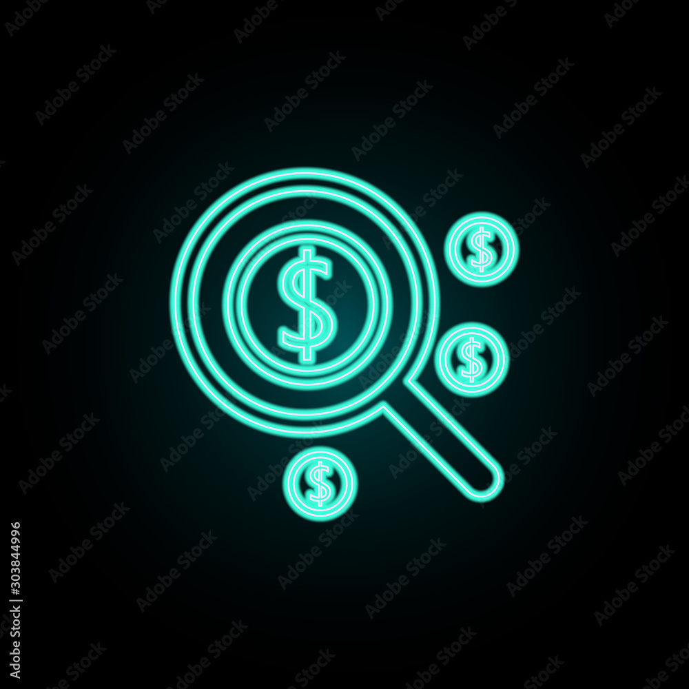 Magnifier and cents neon icon. Simple thin line, outline vector of banking icons for ui and ux, website or mobile application Magnifier and cents neon icon. Simple thin line, outline vector of banking icons for ui and ux, website or mobile application