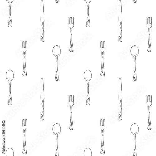 Pattern with fork, knife, spoon, eating utensils. Black lines, sketch, Doodle, on white background. For packaging paper, napkins, restaurants and cafes, menu design.
