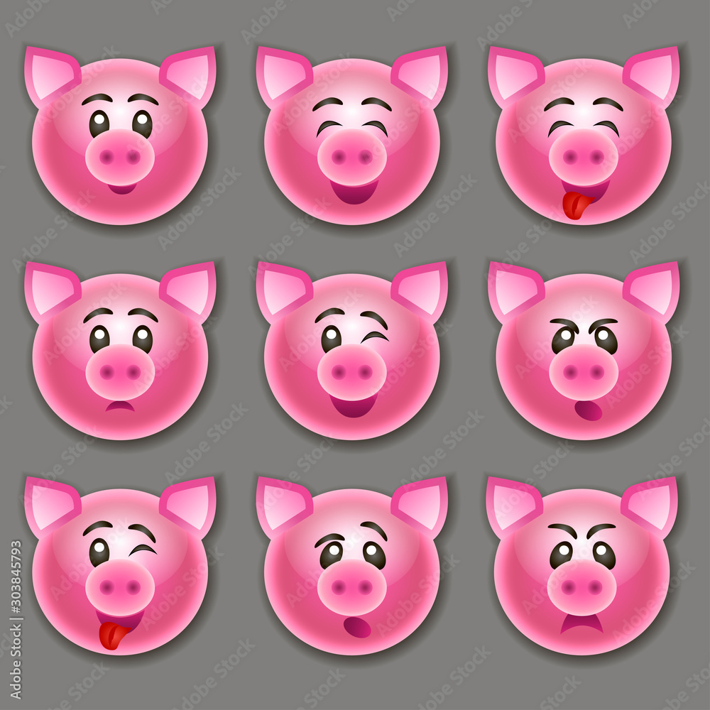 Set of funny pigs with different emotions. Pig smiles. Pig muzzles. Vector illustration