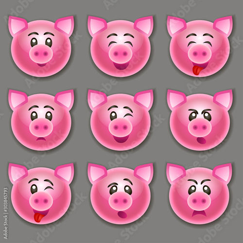 Set of funny pigs with different emotions. Pig smiles. Pig muzzles. Vector illustration