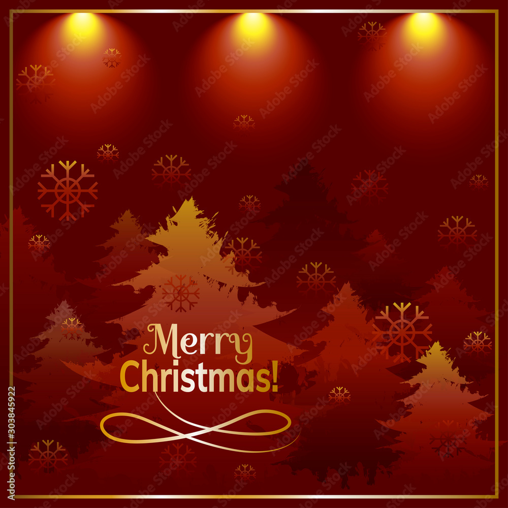 Naklejka premium Christmas red-golden card with Christmas trees and snowflakes. Festive background. Vector colorful illustration.