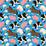 Seamless pattern with cute farm animals on a blue background.