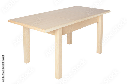 Wooden modern table isolated on white background. Kitchen dining table.