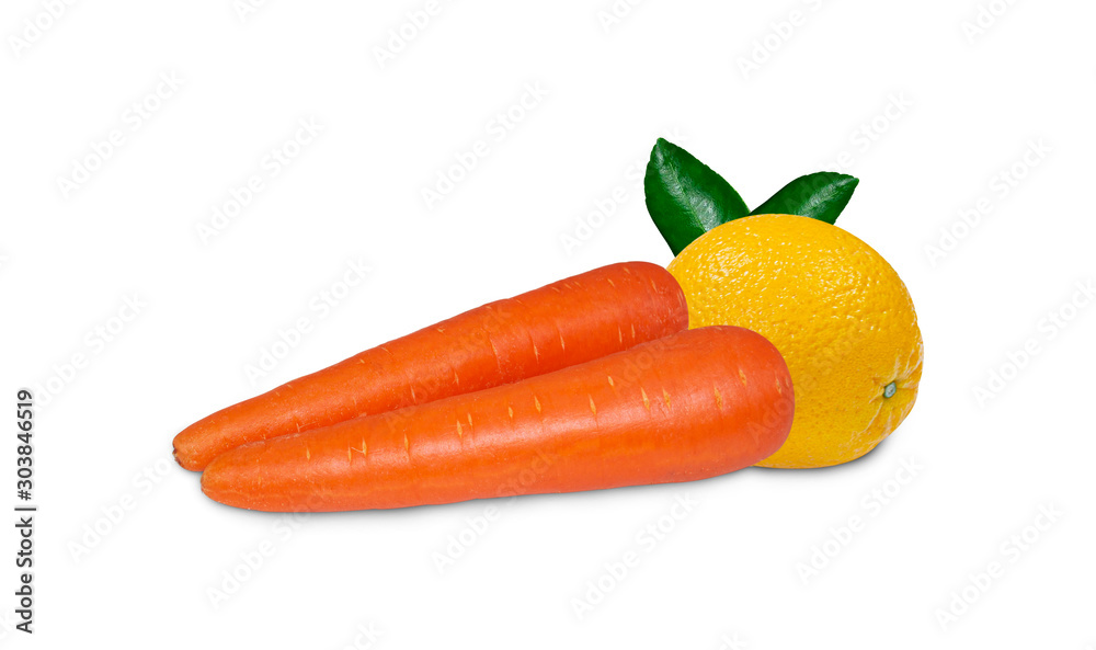 Orange fruit carrot composition isolated on white background as package design element Orange fruit carrot composition isolated on white background as package design element