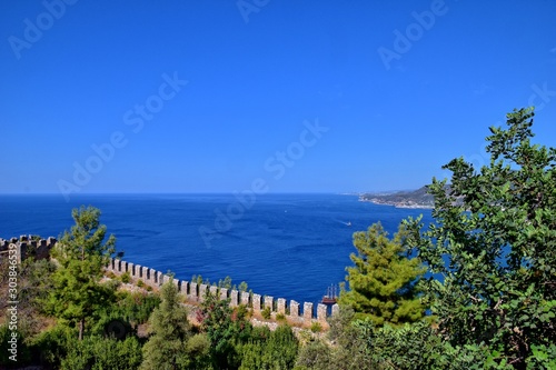 summer view of the city and the sea from the hill in Alanya, Turkey on a warm sunny day