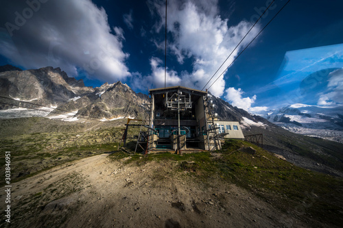 Aiguille du Midi cable car station of Plan de l'aiguille, the intermediate stop halfway to the summit, during summer - Chamonix, Haute-Savoie, France