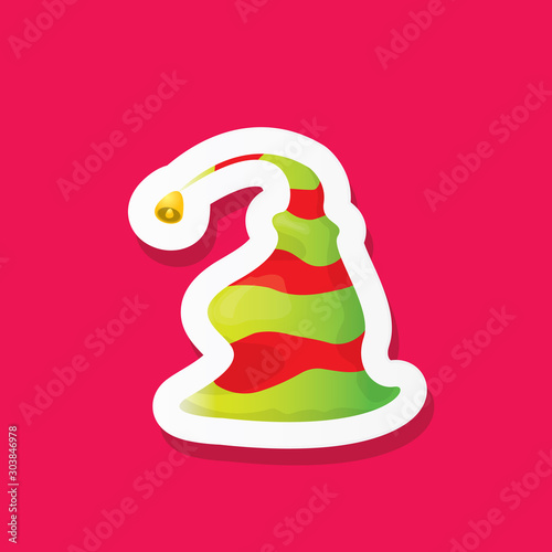 vector funky cartoon cute christmas elf hat isolated on pink background. vector kids colorful elf hat sticker, icon or label . Christmas decorative design element for banner, flyer or poster