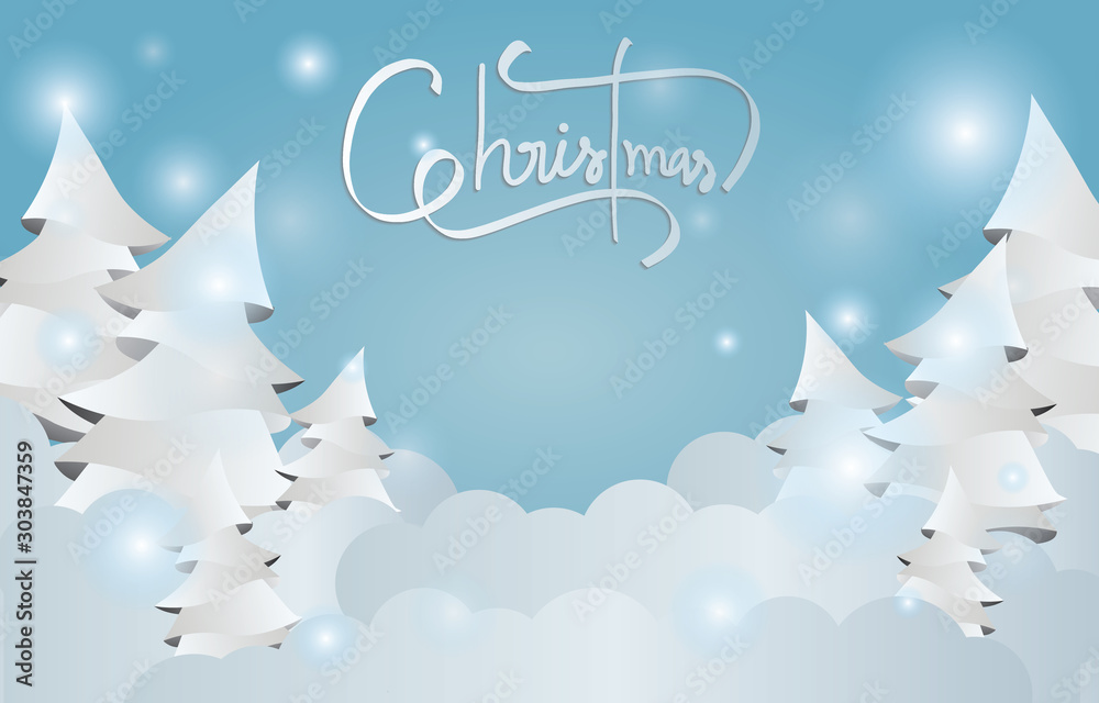 Naklejka Winter christmas composition background in paper cut style.Merry Christmas text Calligraphic Lettering Vector in Blue tone color.