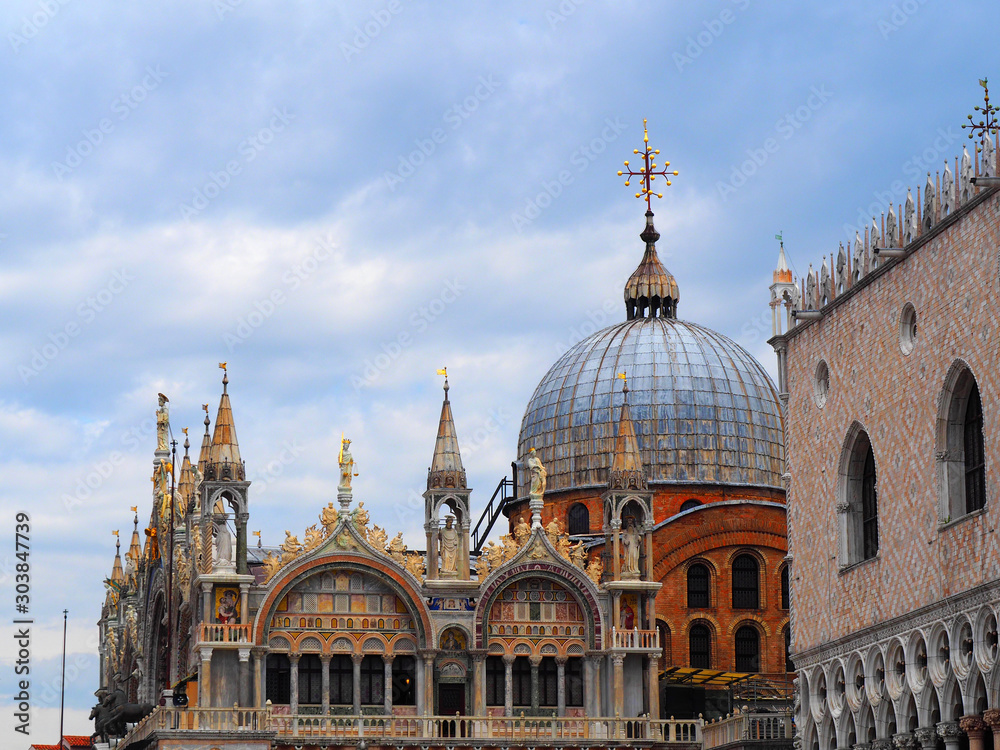View of the exterior of the Saint Mark's Basilica (Basilica di San Marco) and Doge's Palace (Palazzo Ducale) in Venice, Italy