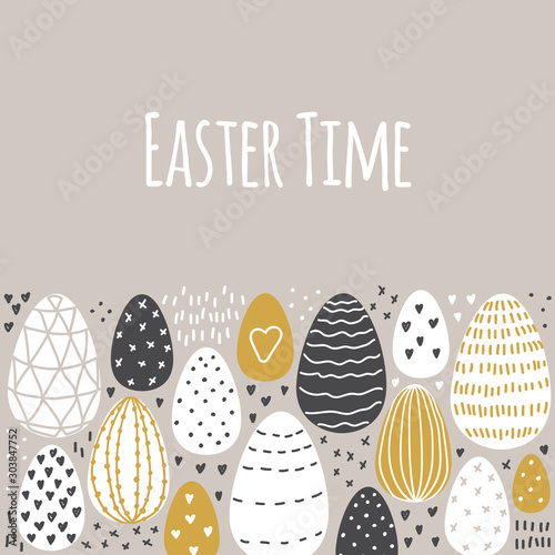 Cute Scandinavian Easter Eggs collection background with hand drawn textures and decoration elements