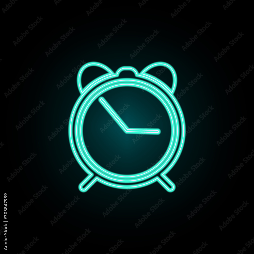 Alarm clock neon icon. Simple thin line, outline vector of web icons for ui and ux, website or mobile application Alarm clock neon icon. Simple thin line, outline vector of web icons for ui and ux, website or mobile application