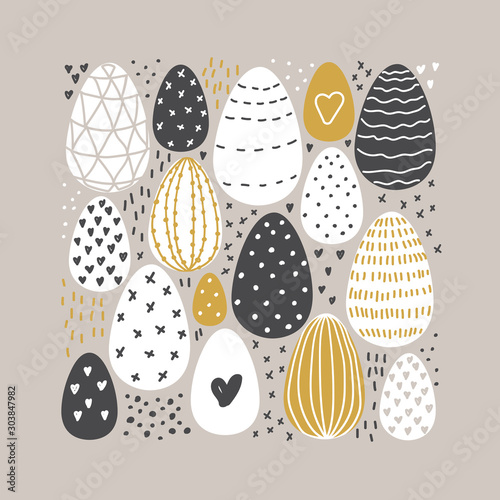 Cute Scandinavian Easter Eggs collection background with hand drawn textures and decoration elements