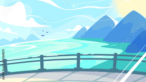 Seafront or promenade bright cartoon summer landscape. Abstract seaside view and beach resort concept. Blue sky and mountains and ocean without buildings and urban. Vector isolated illustration