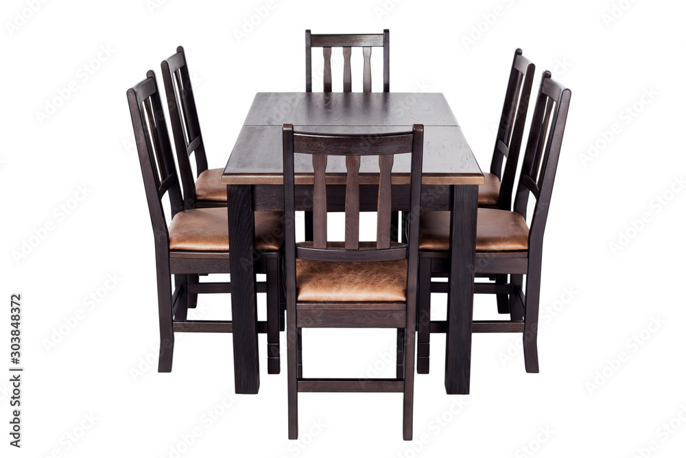 Table and six chairs for kitchen, isolated on white background. Furniture made of natural wood. Table and six chairs for kitchen, isolated on white background. Furniture made of natural wood.