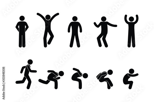 man icon, stick figure people illustration, isolated human silhouettes, various poses, running and jumping