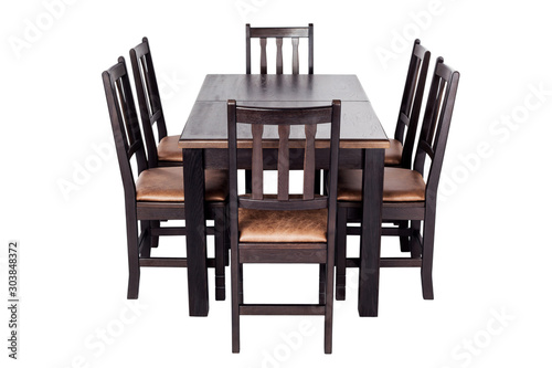 Table and six chairs for kitchen  isolated on white background. Furniture made of natural wood.