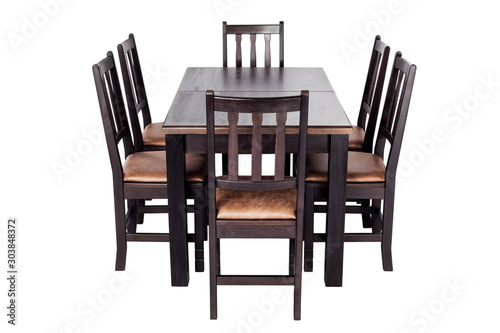 Table and six chairs for kitchen, isolated on white background. Furniture made of natural wood.