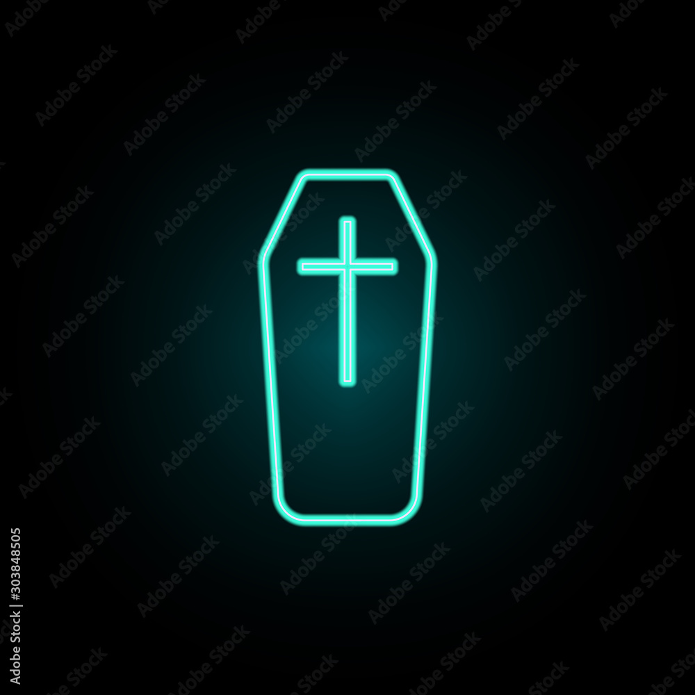 Coffin with a cross neon icon. Simple thin line, outline vector of web icons for ui and ux, website or mobile application Coffin with a cross neon icon. Simple thin line, outline vector of web icons for ui and ux, website or mobile application