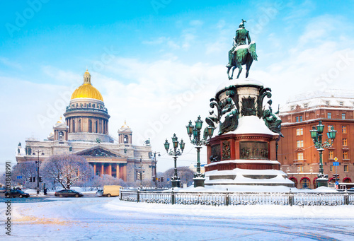 A view of St. Isaac's Cathedral and St. Isaac's square in winter in St. Petersburg