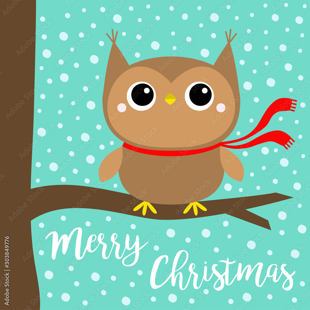 Merry Christmas. Owl bird wearing red scarf. Cute cartoon kawaii funny baby character sitting on tree branch. Snow flake blue background. Greeting card. Flat design. Merry Christmas. Owl bird wearing red scarf. Cute cartoon kawaii funny baby character sitting on tree branch. Snow flake blue background. Greeting card. Flat design.