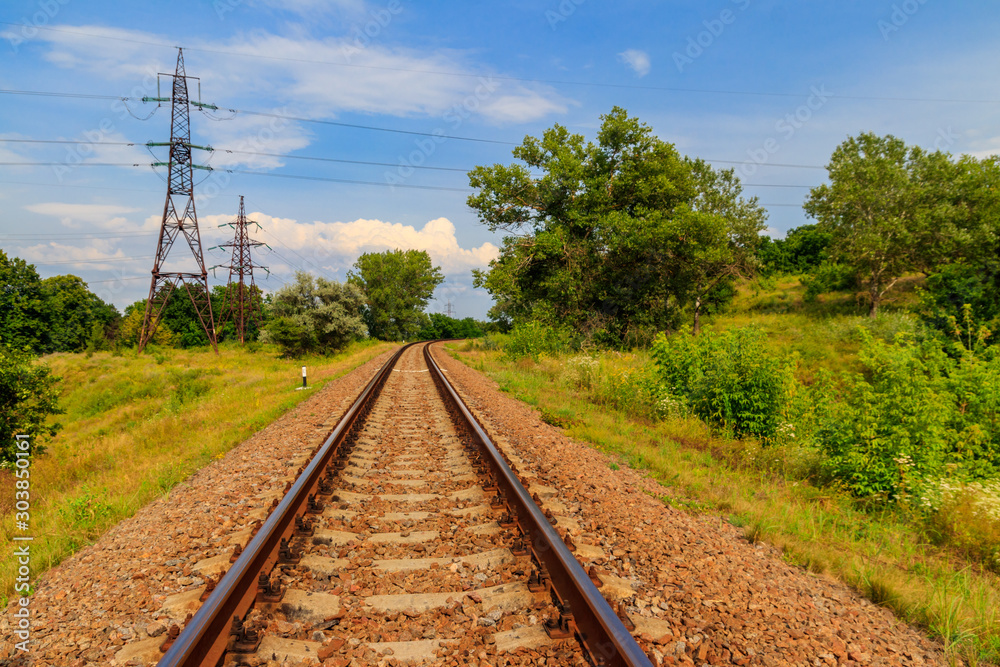 Railroad track through a green pine forest