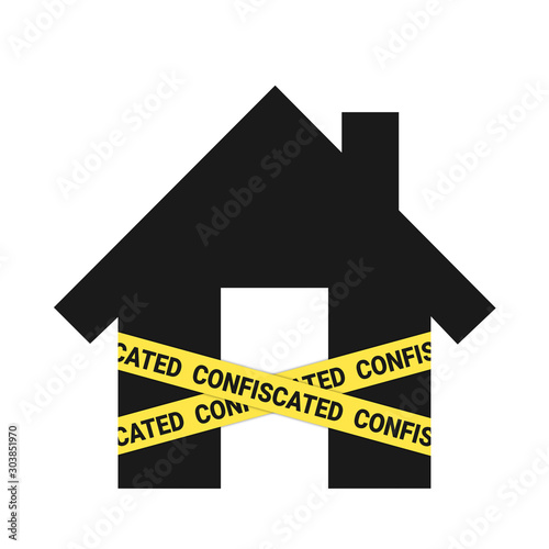 House is labelled as confiscated. - housing bubble and mortgage crisis - insolvency leading to confiscation and seizure of real estate, property, house and residential building. Illustration.