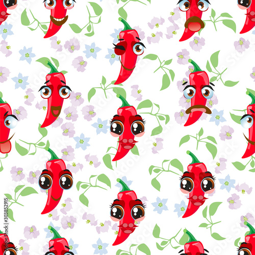 Cute seamless pattern with cartoon emoji Chili peppers