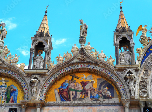 View of the exterior of the Saint Mark's Basilica (Basilica di San Marco) in Venice, Italy
