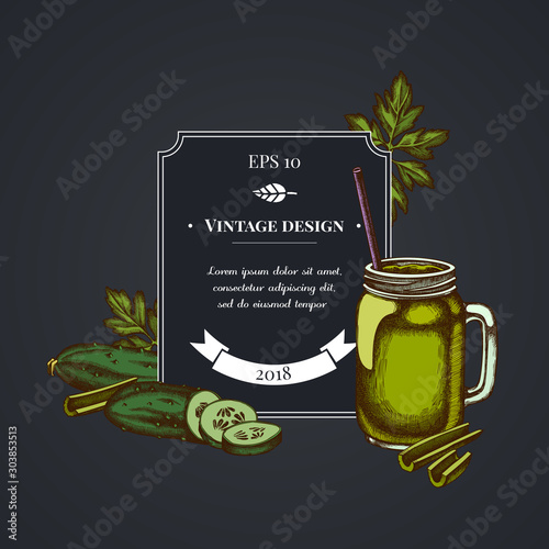 Dark badge design with greenery, smothie jars, cucumber, celery