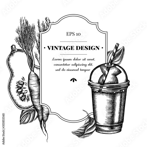 Badge design with black and white carrot, basil, pumpkin, smoothie cup