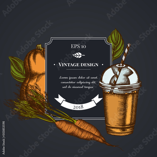 Dark badge design with carrot, basil, pumpkin, smoothie cup