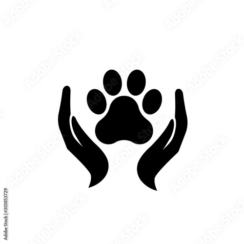 Dog or cat footprint in human hands on white background. Vector illustration. Metaphor of care and love to animals