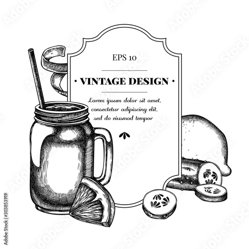 Badge design with black and white lemons, smothie jars, cucumber