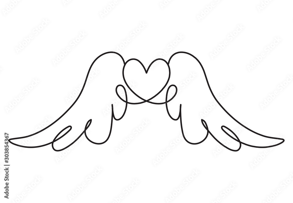 Continuous line drawing. Heart with wings. Valentine's day. Love. Black isolated on white background Continuous line drawing. Heart with wings. Valentine's day. Love. Black isolated on white background