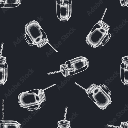 Seamless pattern with hand drawn chalk smothie jars