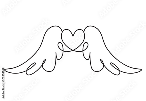 Continuous line drawing. Heart with wings. Valentine's day. Love. Black isolated on white background