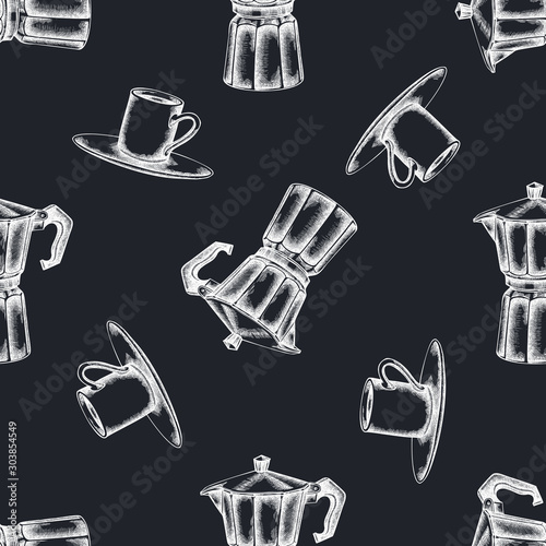 Seamless pattern with hand drawn chalk espresso cup, coffee pot