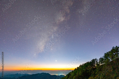 Milky way during twilight sky over the mountains peak.