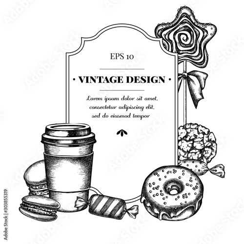 Badge design with black and white macaron, candies, paper cup, lollipop, donut, cookie