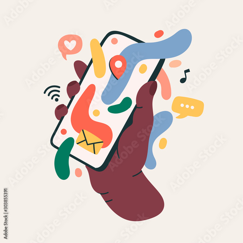 Hand holding phone with various mobile icons. Mail, likes. Communication, social networking concept. Stylized hand drawn vector illustration for Mobile Application or web sites and banner design