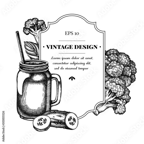 Badge design with black and white broccoli, basil, smothie jars, cucumber